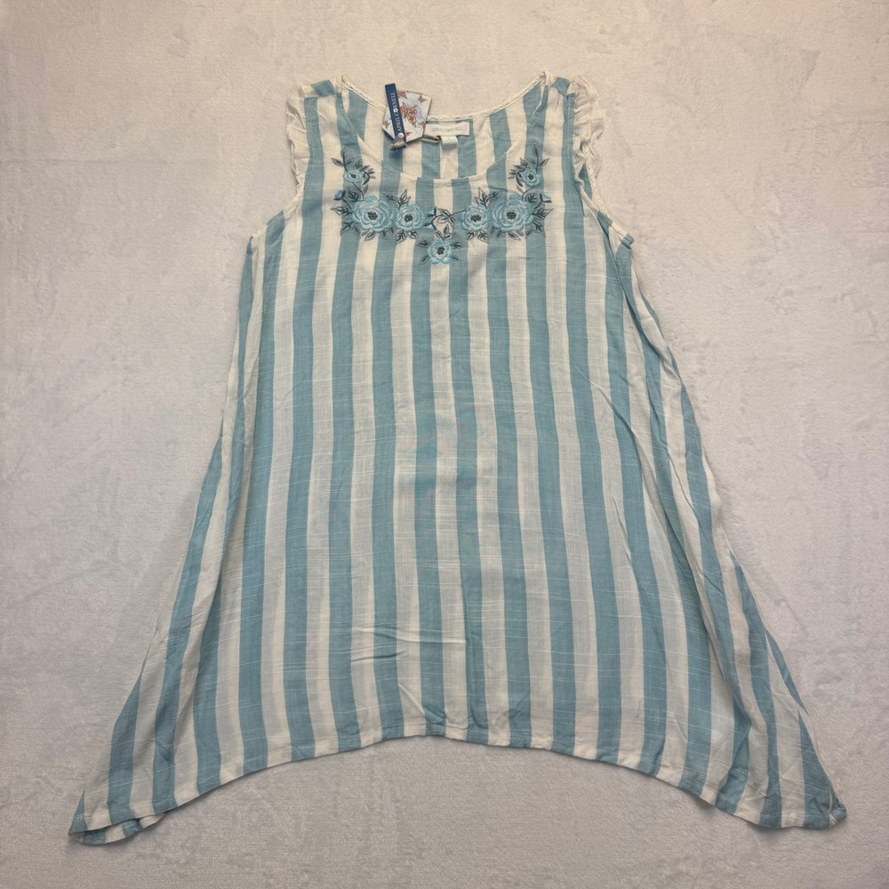 April Cornell Aruba Stripe Sleeveless Tunic Aqua Blue White Floral Embroidered S